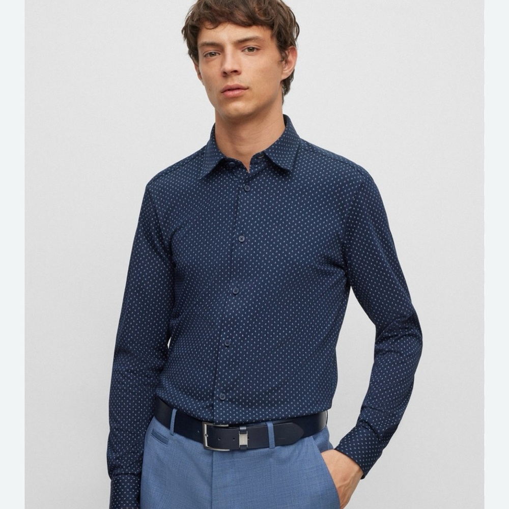 Hugo Boss,Boy,s Navy Blue Patterned Shirt Long Sleeve
